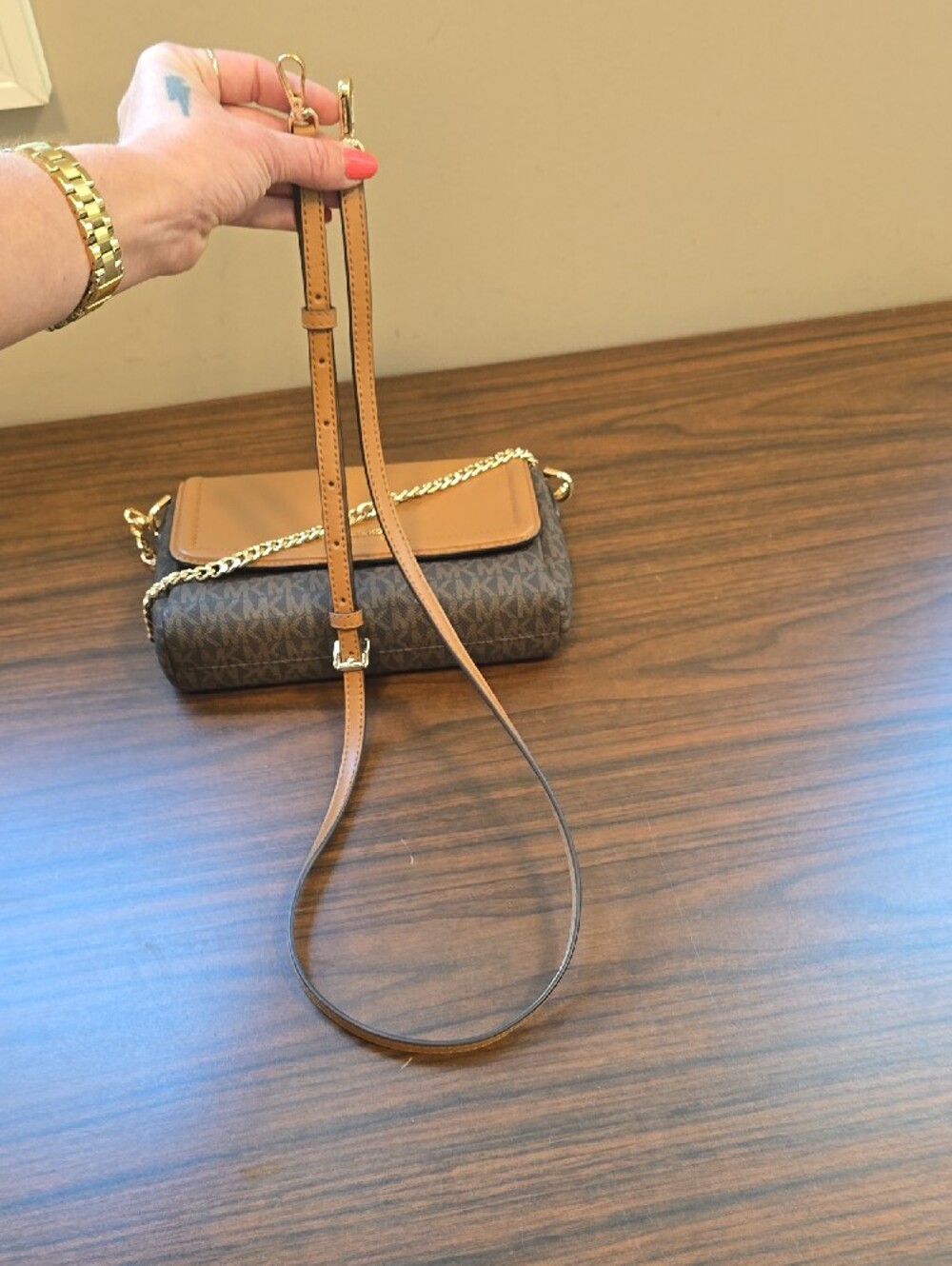 MICHAEL KORS Tan and Brown Logo-Print Chain Crossbody Bag - Picture 7 of 9